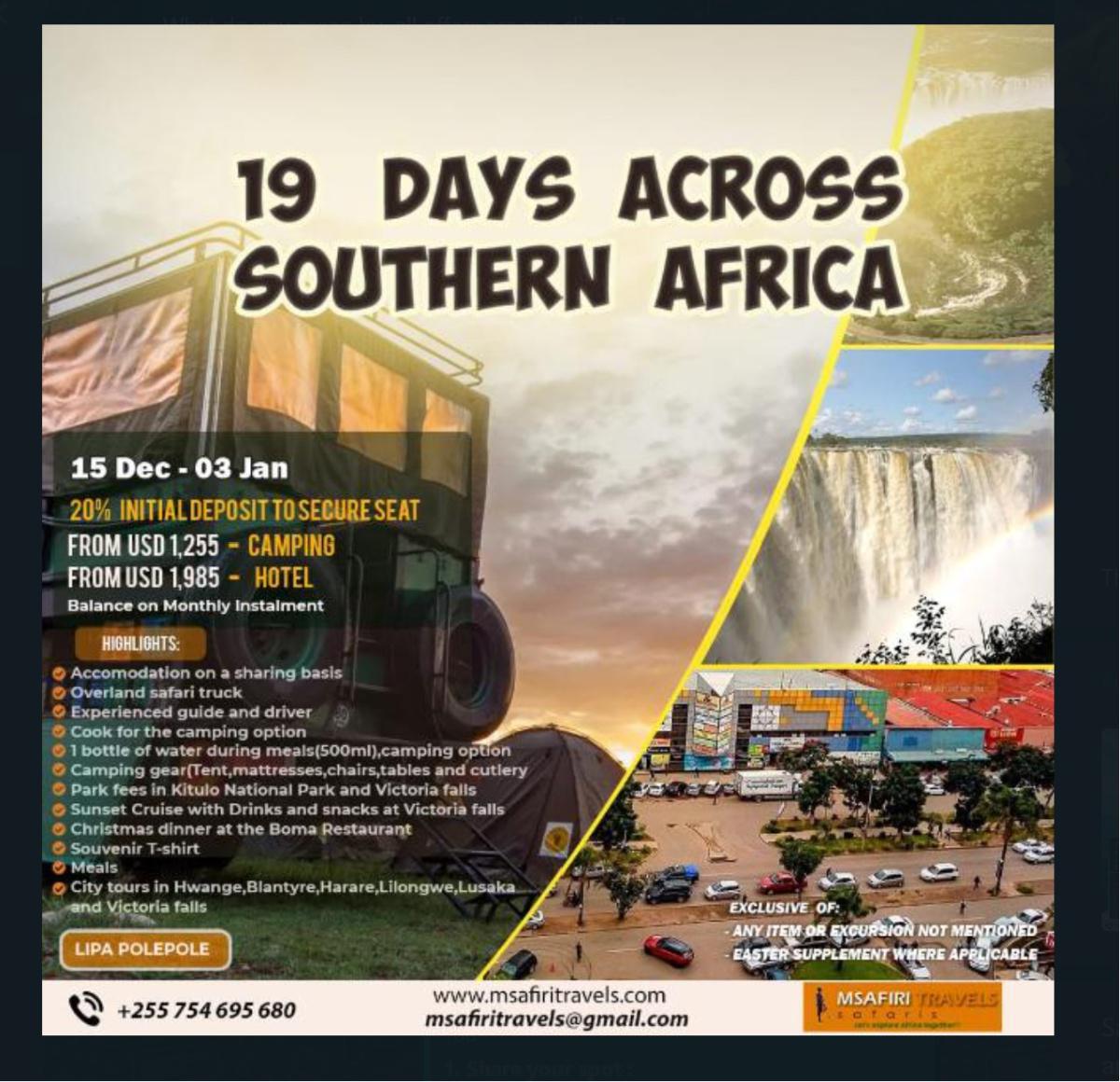 19 Days Overland Safari across Southern Africaš15 Dec - 3 Janā¶ļø$1.255 19 Days Overland Safari across Southern Africaš15 Dec - 3 Janā¶ļø$1.255