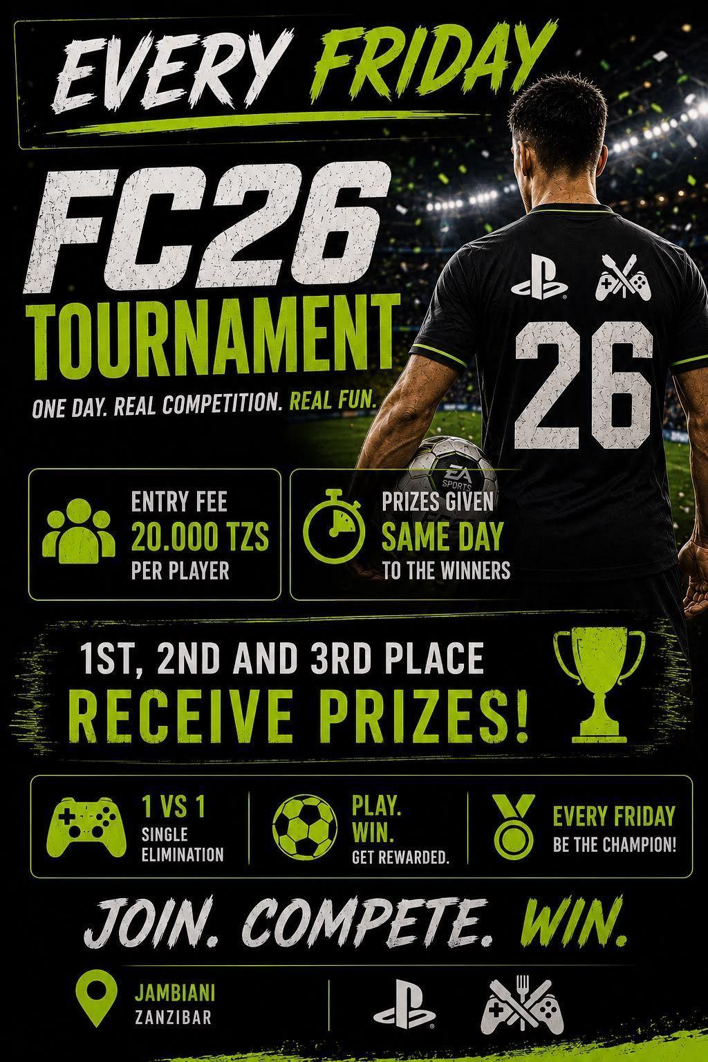 FC 26 Tournament📍PlayStation Lounge, Jambiani ▶️ knockout / Sunday League 20,000 TZS FC 26 Tournament📍PlayStation Lounge, Jambiani ▶️ knockout / Sunday League 20,000 TZS