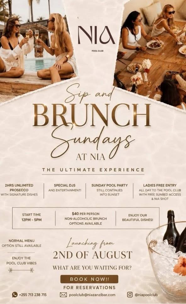 Sip & Brunch Sundays📍NIA Pool Club, Paje ▶️ $40pp Sip & Brunch Sundays📍NIA Pool Club, Paje ▶️ $40pp