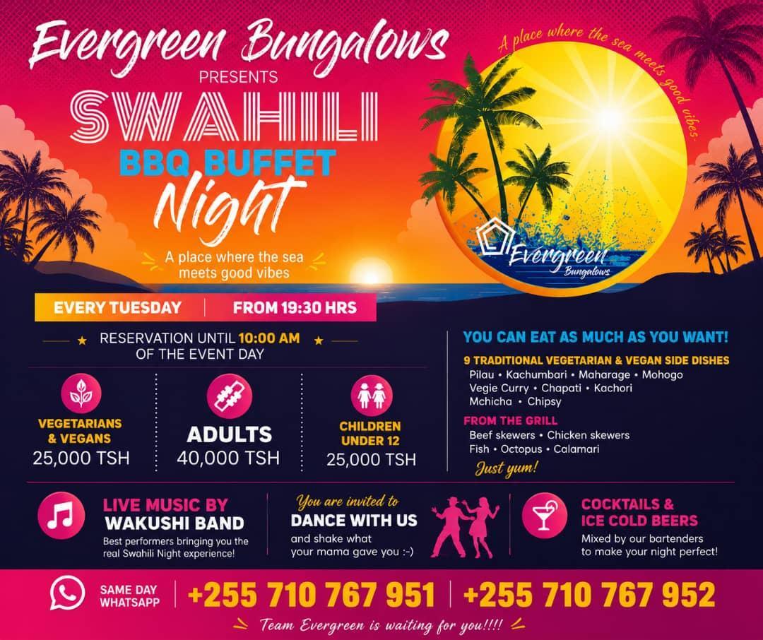 Swahili BBQ Night📍Evergreen Bungalows, Bwejuu ▶️ 40,000 TZS buffet Swahili BBQ Night📍Evergreen Bungalows, Bwejuu ▶️ 40,000 TZS buffet