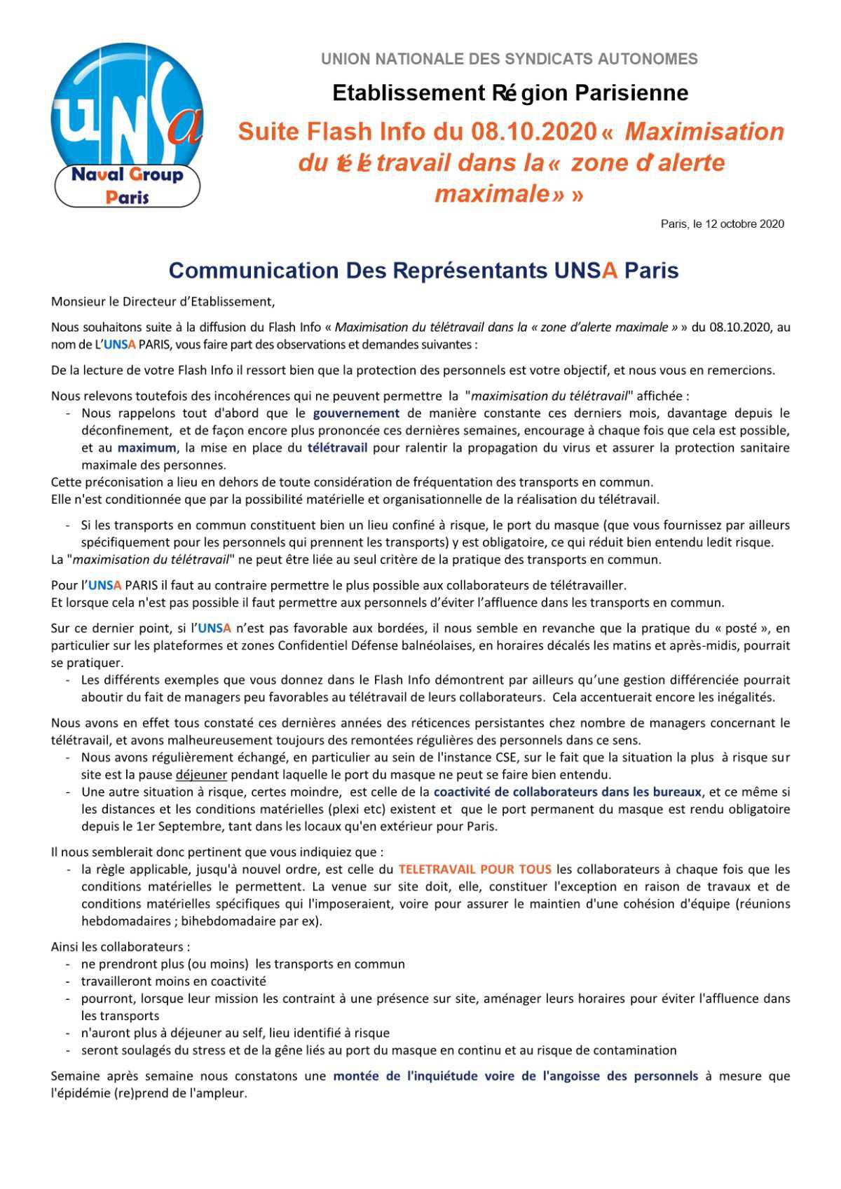Communication Des Représentants UNSA Paris