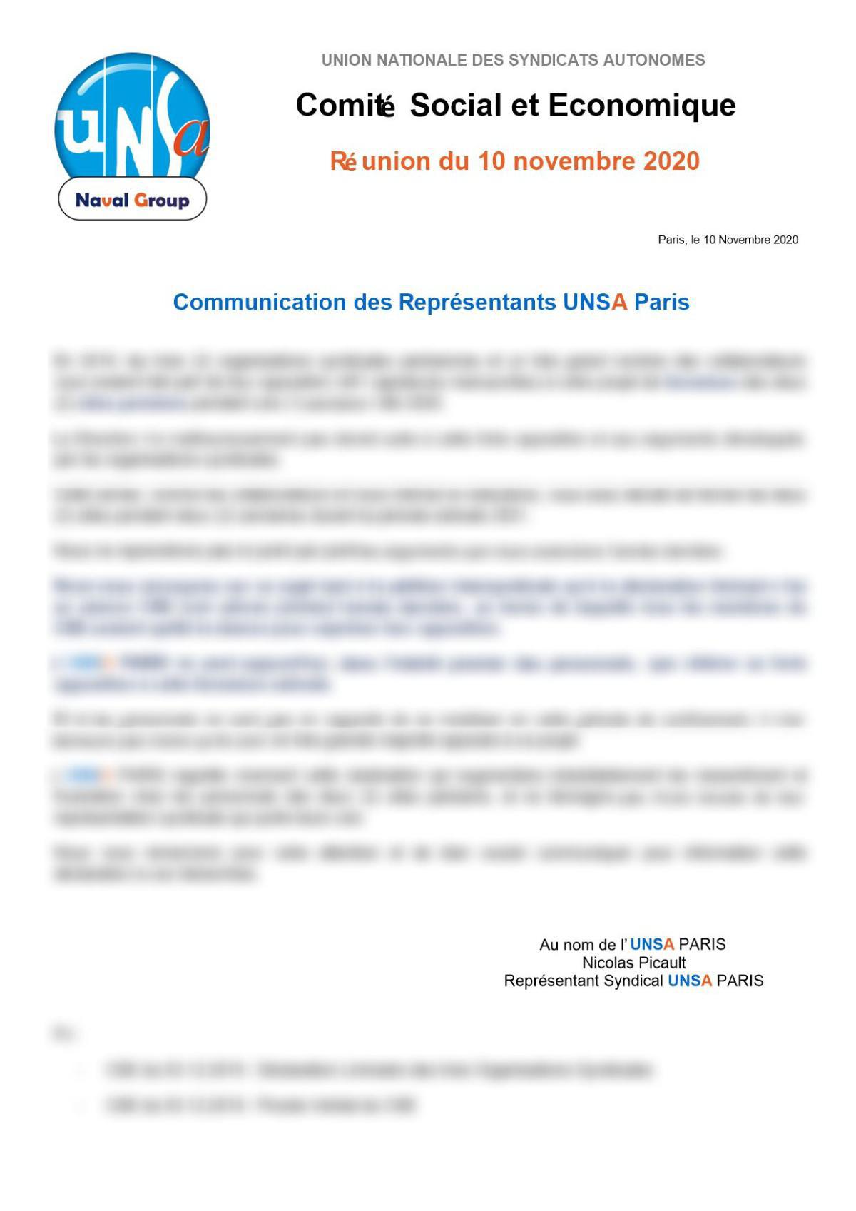 Communication des représentants UNSA Paris
