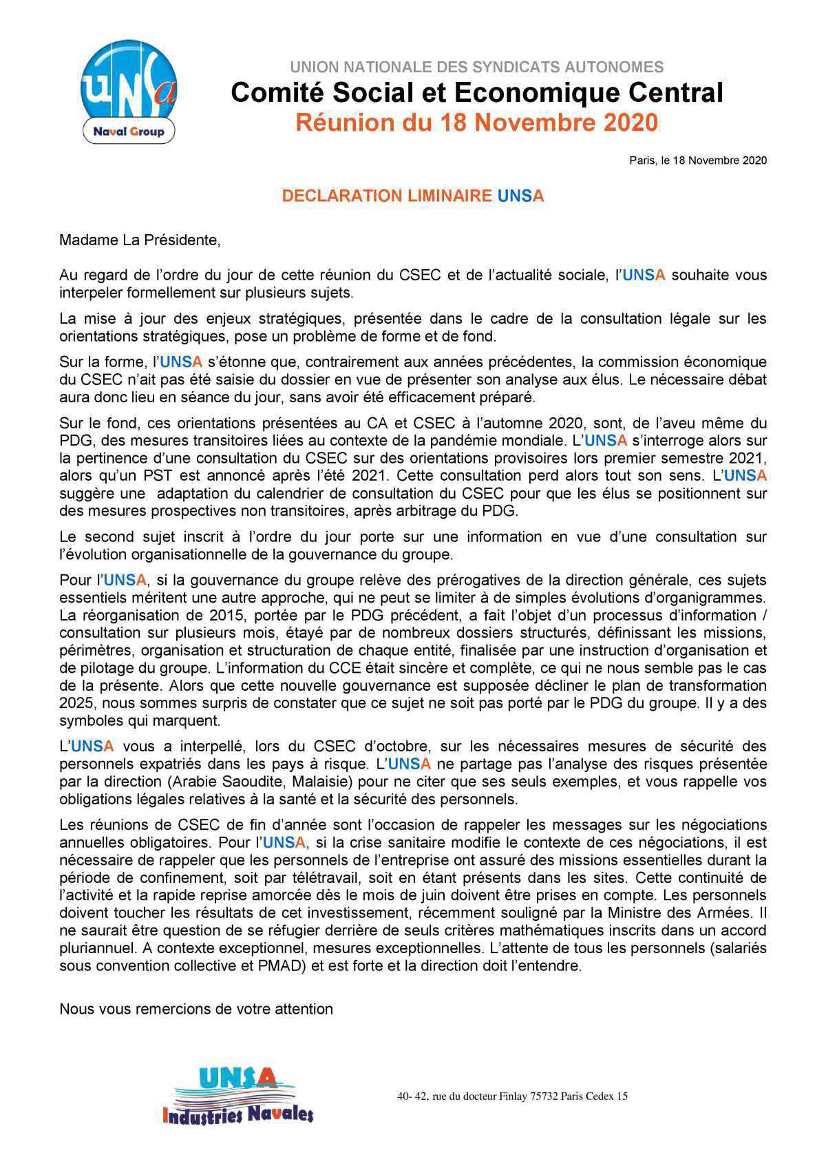 Réunion du 18 novembre 2020 - déclaration liminaire