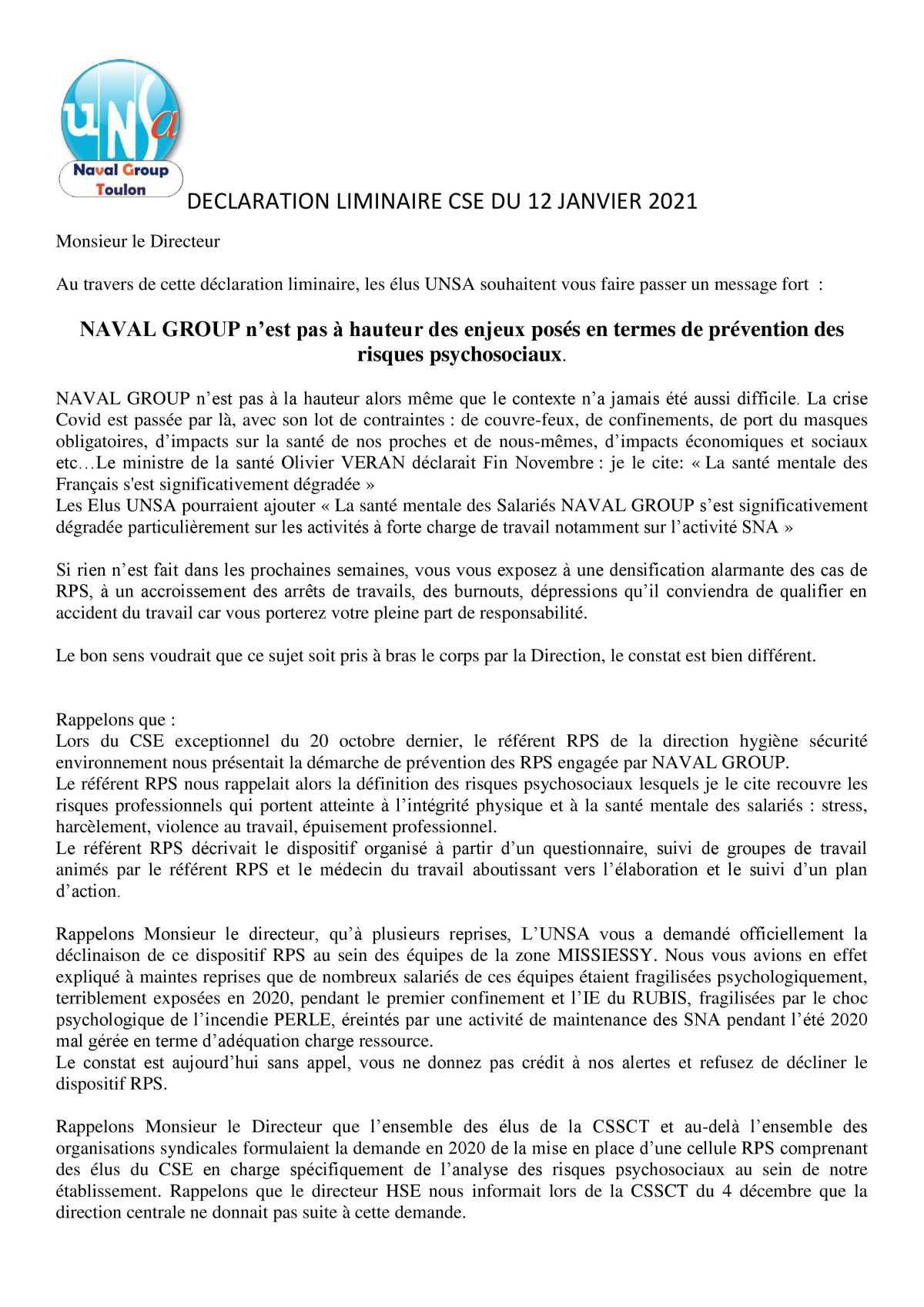 Réunion du 12 janvier 2021 - Déclaration Liminaire