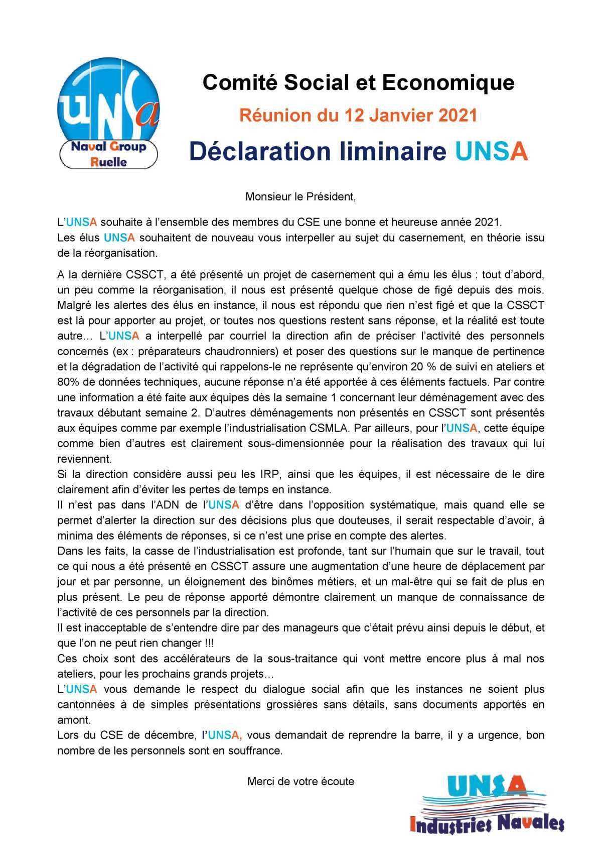 Réunion du 12 janvier 2021 - Déclaration liminaire