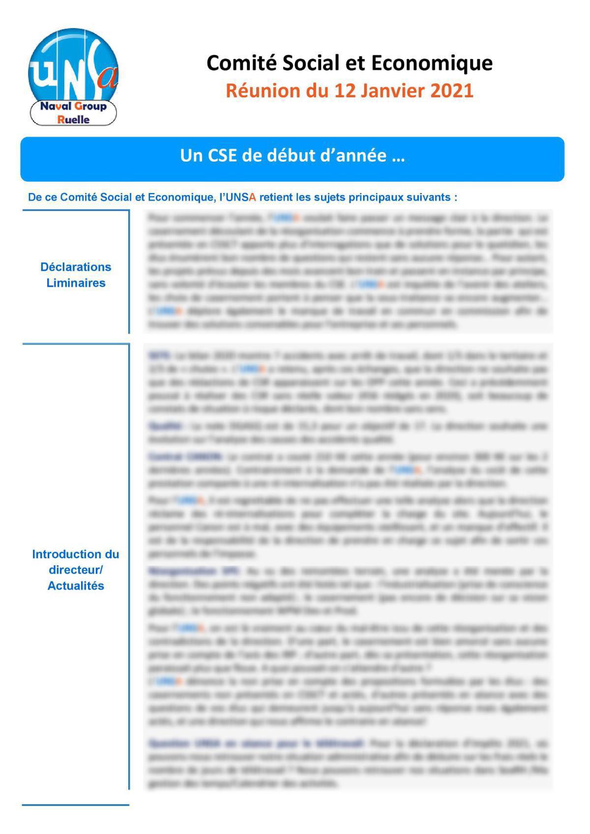 Réunion du 12 janvier 2021 - Compte Rendu Réunion du 12 janvier 2021 - Compte Rendu