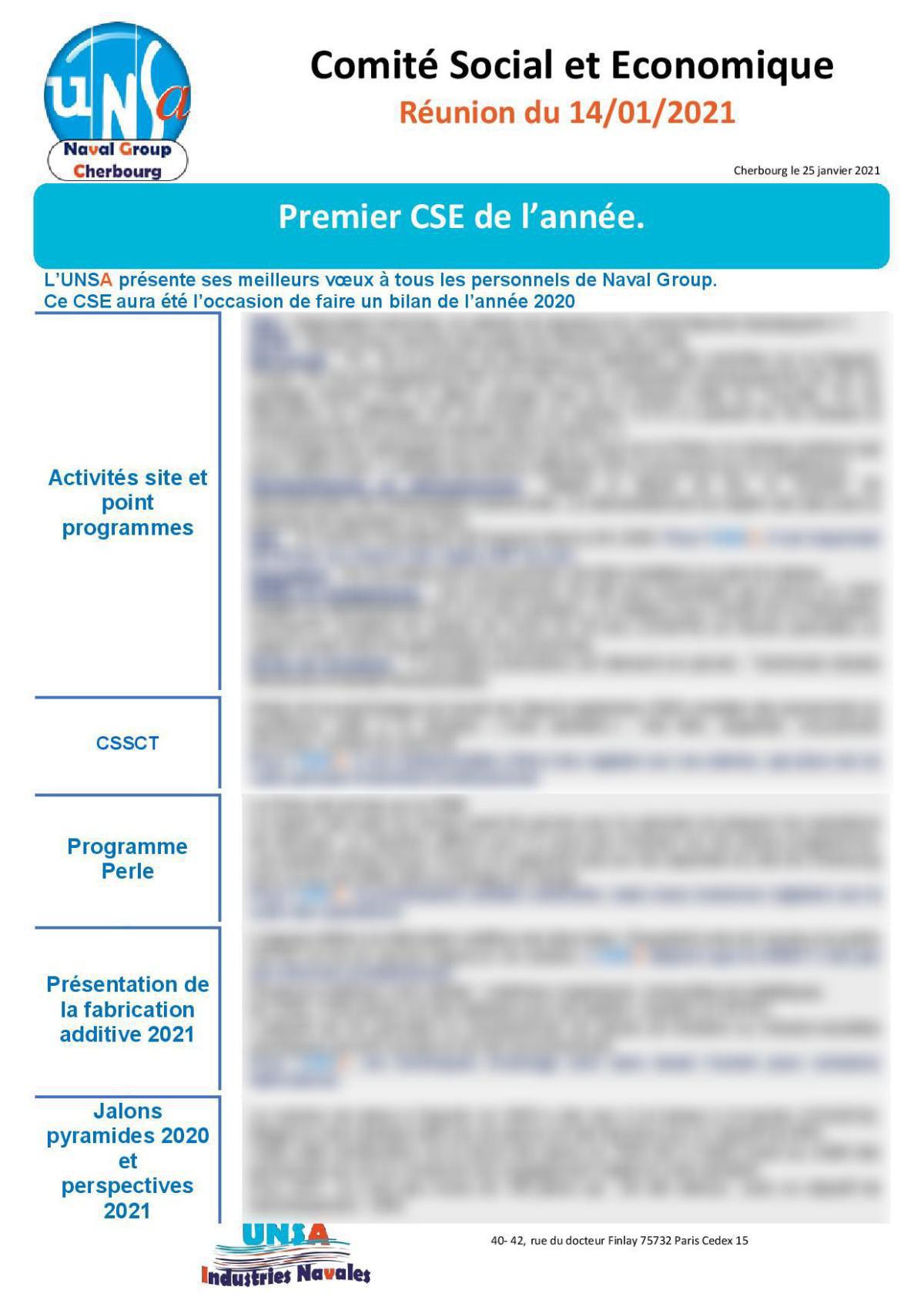 Réunion du 14 janvier 2021 - Compte Rendu Réunion du 14 janvier 2021 - Compte Rendu