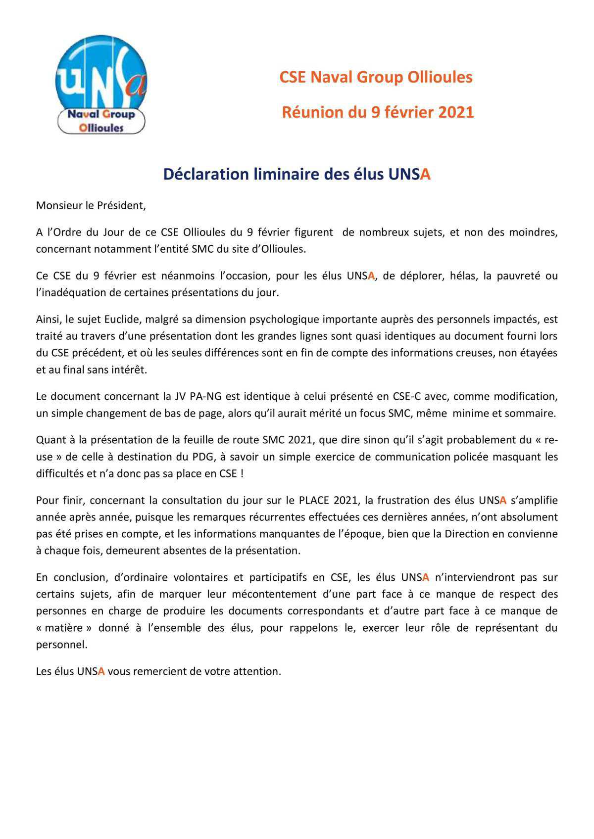 CSE d'Ollioules - réunion du 9 février 2021 - déclaration liminaire UNSA