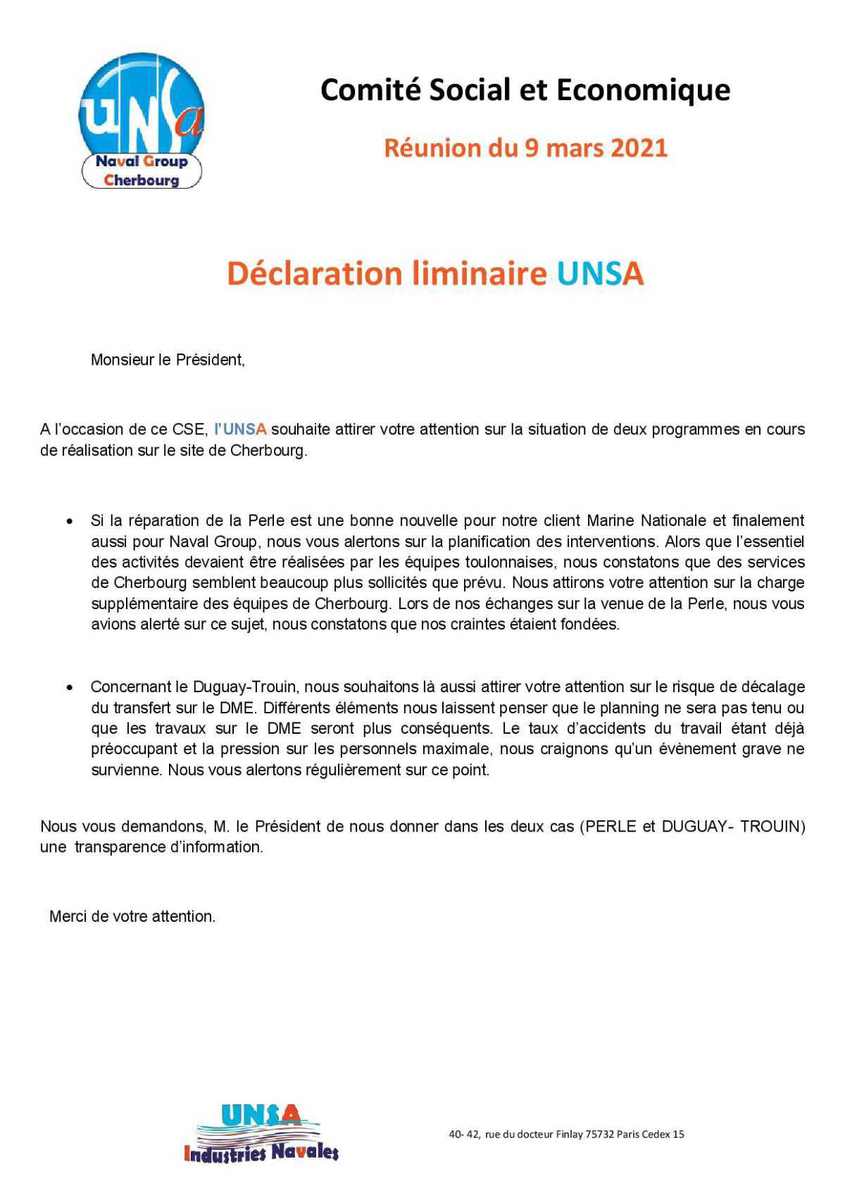 CSE de Cherbourg - Réunion du 9 mars 2021 - Déclaration liminaire