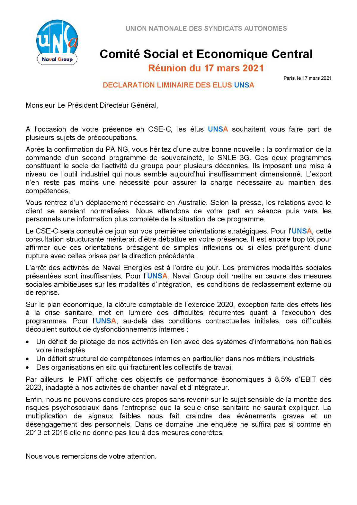 Réunion du 17 mars 2021 - Déclaration liminaire