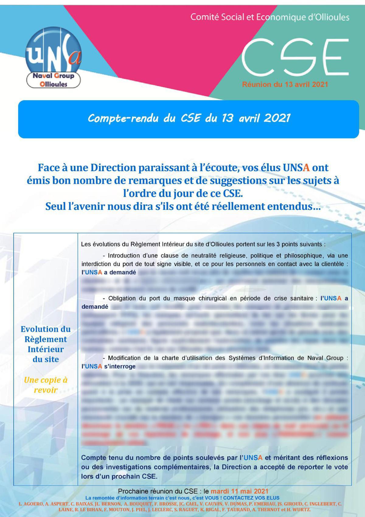 CSE d'Ollioules - réunion du 13 avril 2021