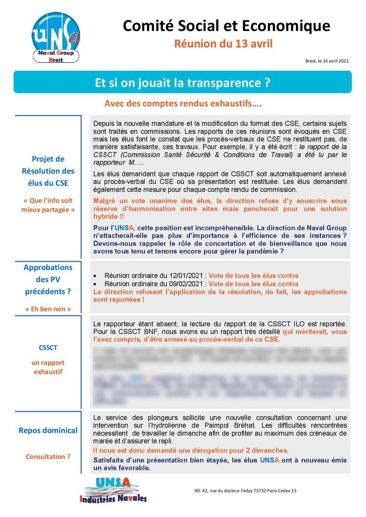 CSE de Brest - réunion du 13 avril 2021 - Compte rendu CSE de Brest - réunion du 13 avril 2021 - Compte rendu