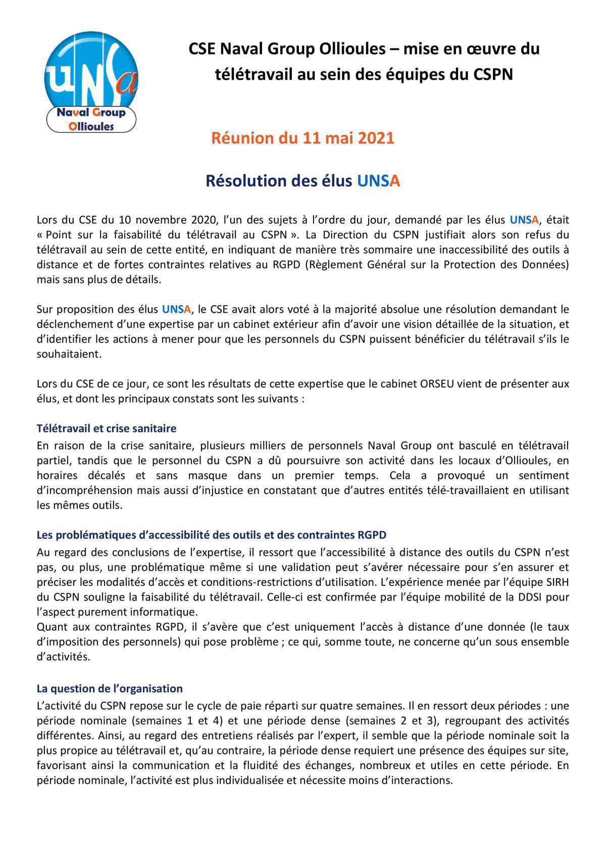 CSE d'Ollioules - réunion du 11 mai 2021 - résolution UNSA concernant le télétravail au CSPN