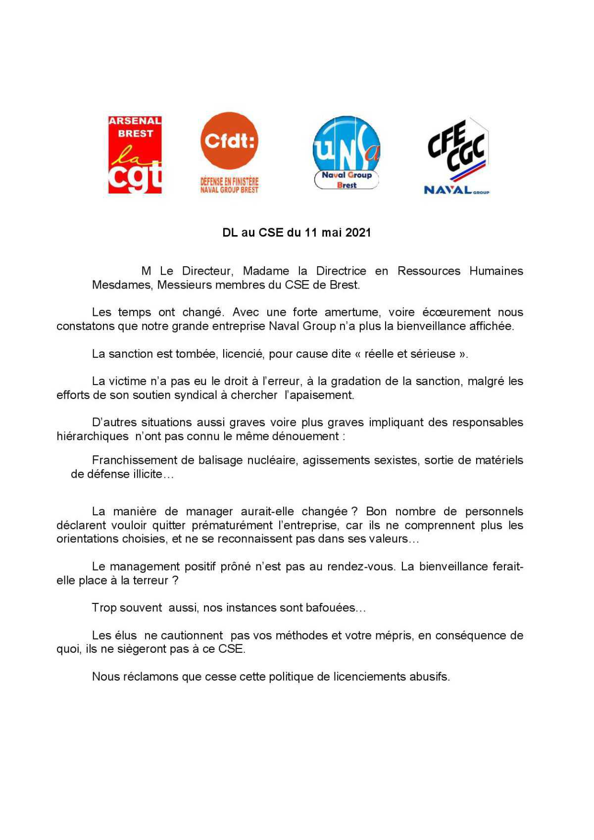 CSE de Brest - réunion du 11 mai 2021 - Déclaration Liminaire