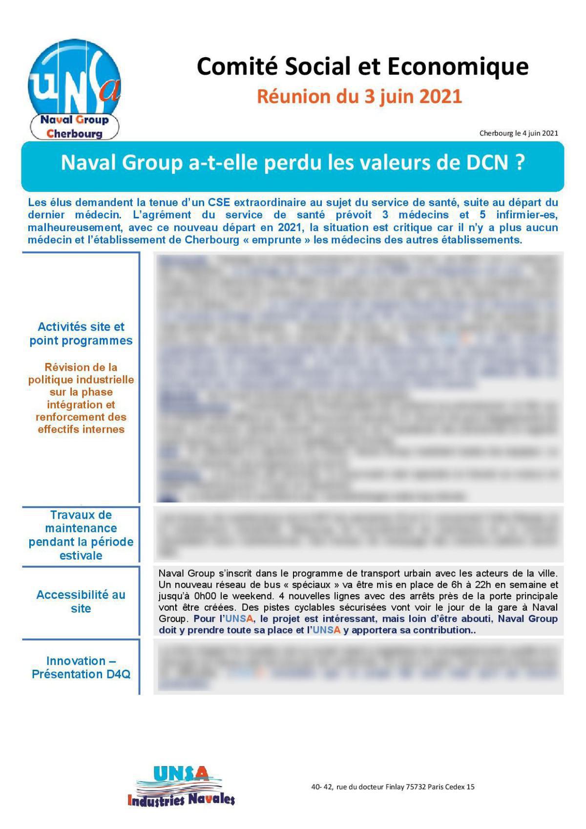 CSE de Cherbourg - Réunion du 3 juin 2021 - Compte rendu CSE de Cherbourg - Réunion du 3 juin 2021 - Compte rendu