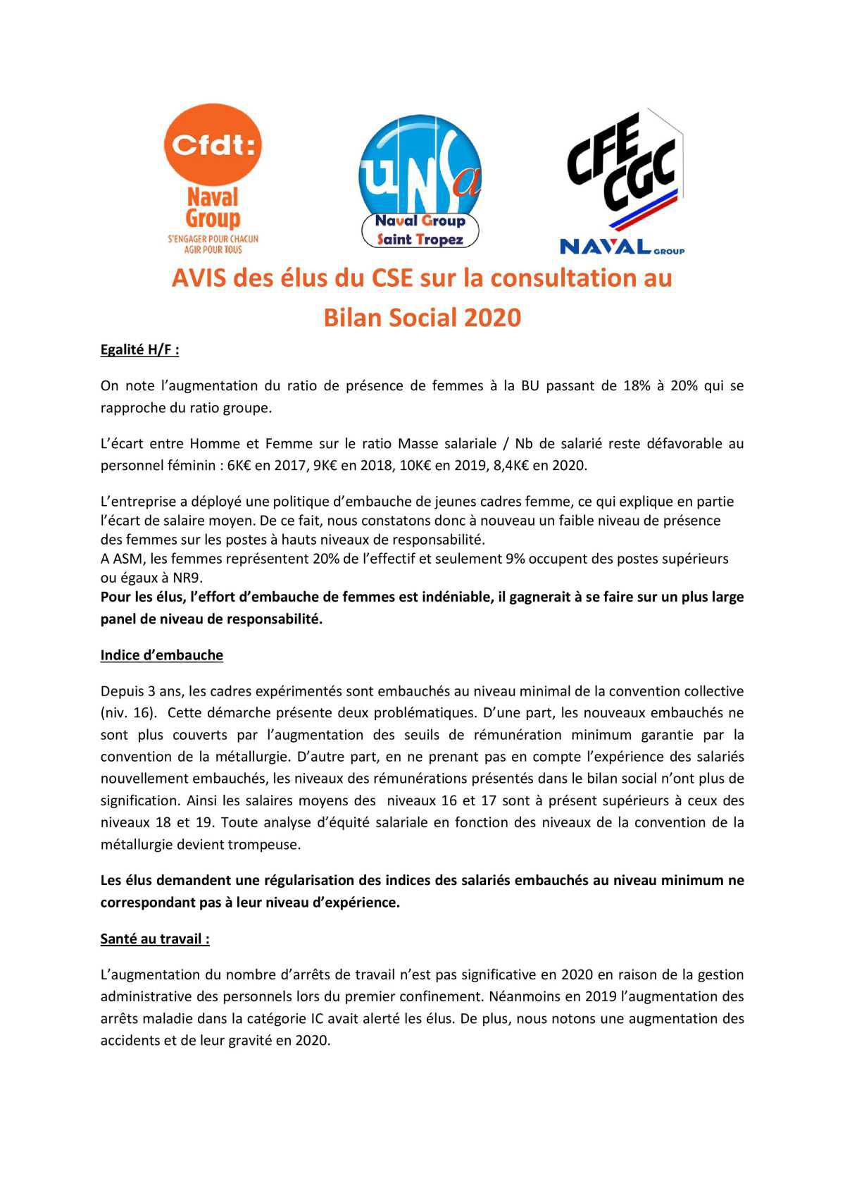 Réunion du 8 juin 2021 - consultation du CSE sur le bilan social 2020