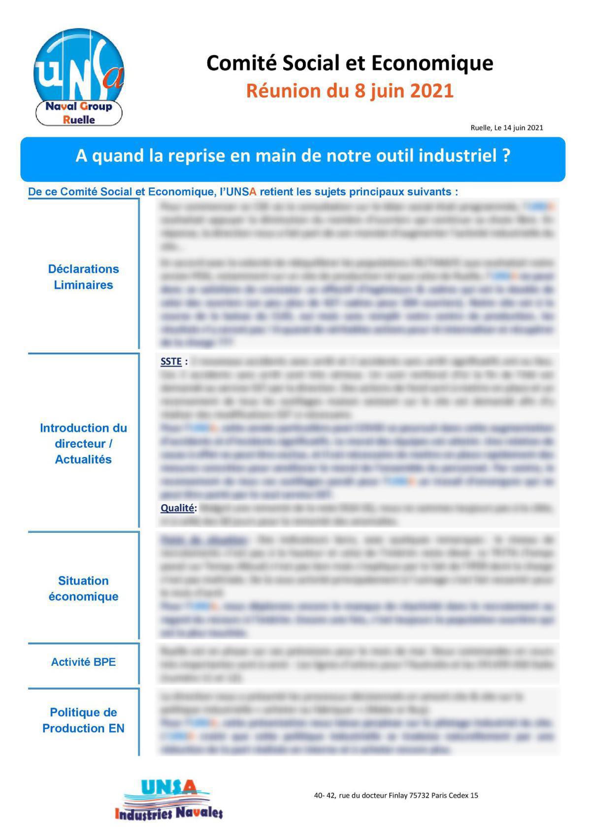 CSE de Ruelle - Réunion du 8 juin 2021 - Compte rendu CSE de Ruelle - Réunion du 8 juin 2021 - Compte rendu