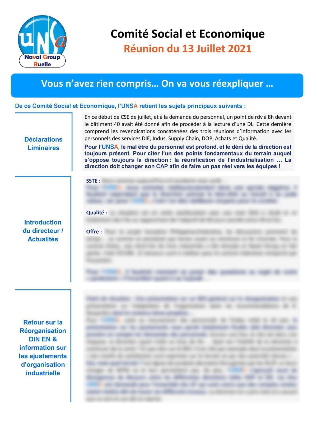 CSE de Ruelle - Réunion du 13 juillet 2021 - Compte rendu CSE de Ruelle - Réunion du 13 juillet 2021 - Compte rendu