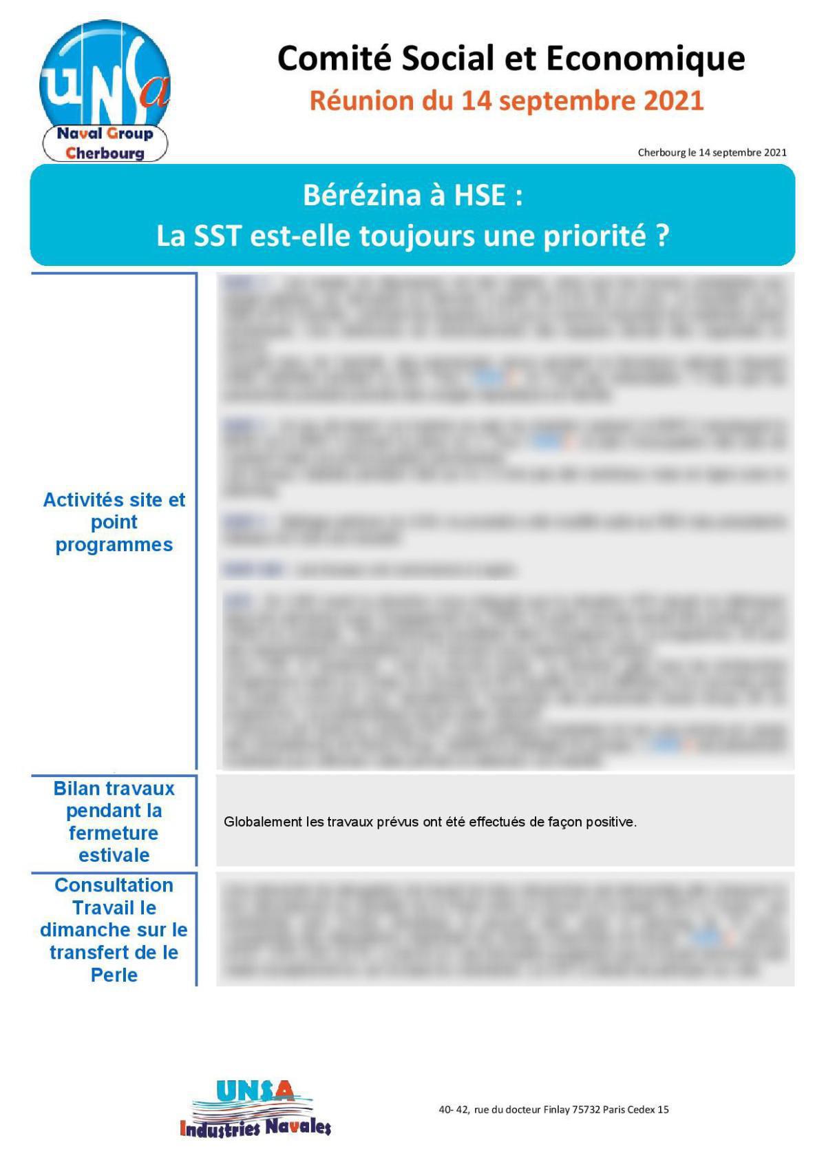 CSE de Cherbourg - Réunion du 14 septembre 2021 - Compte rendu CSE de Cherbourg - Réunion du 14 septembre 2021 - Compte rendu