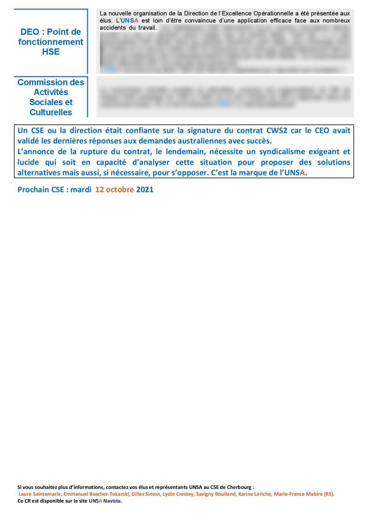 CSE de Cherbourg - Réunion du 14 septembre 2021 - Compte rendu CSE de Cherbourg - Réunion du 14 septembre 2021 - Compte rendu