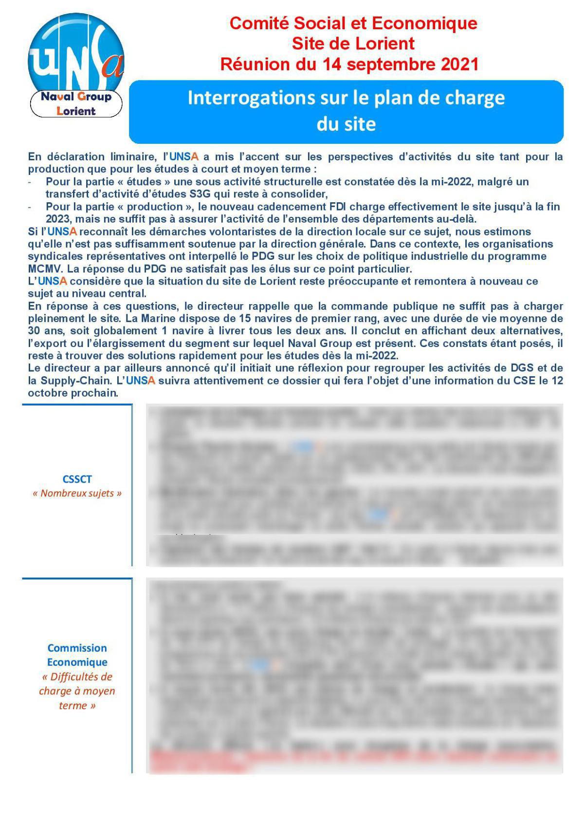 CSE de Lorient - réunion du 14 septembre 2021 - Compte rendu CSE de Lorient - réunion du 14 septembre 2021 - Compte rendu