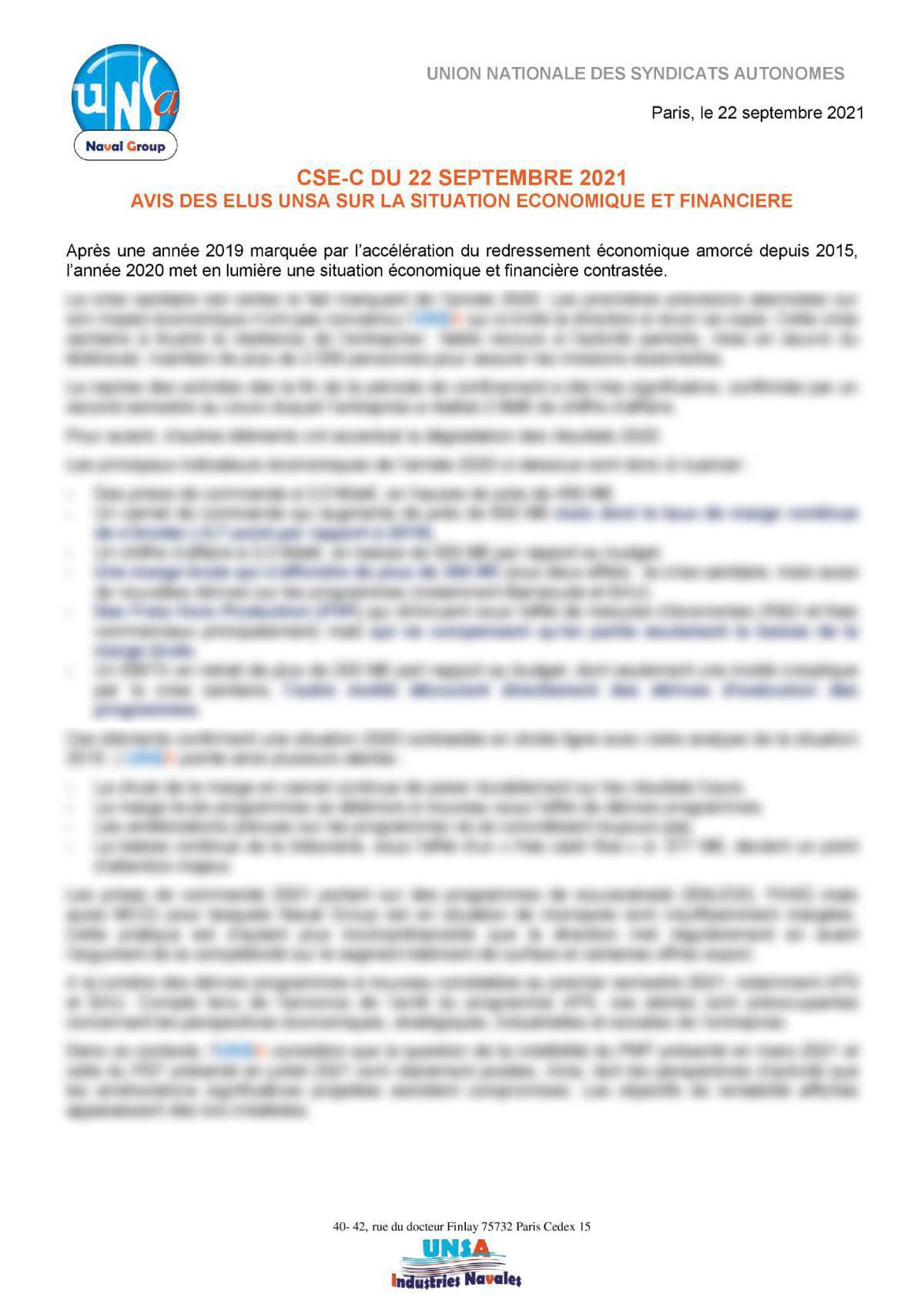 Réunion du 22 septembre 2021 - Avis motivé des élus UNSA sur la situation économique et financière de l'entreprise Réunion du 22 septembre 2021 - Avis motivé des élus UNSA sur la situation économique et financière de l'entreprise
