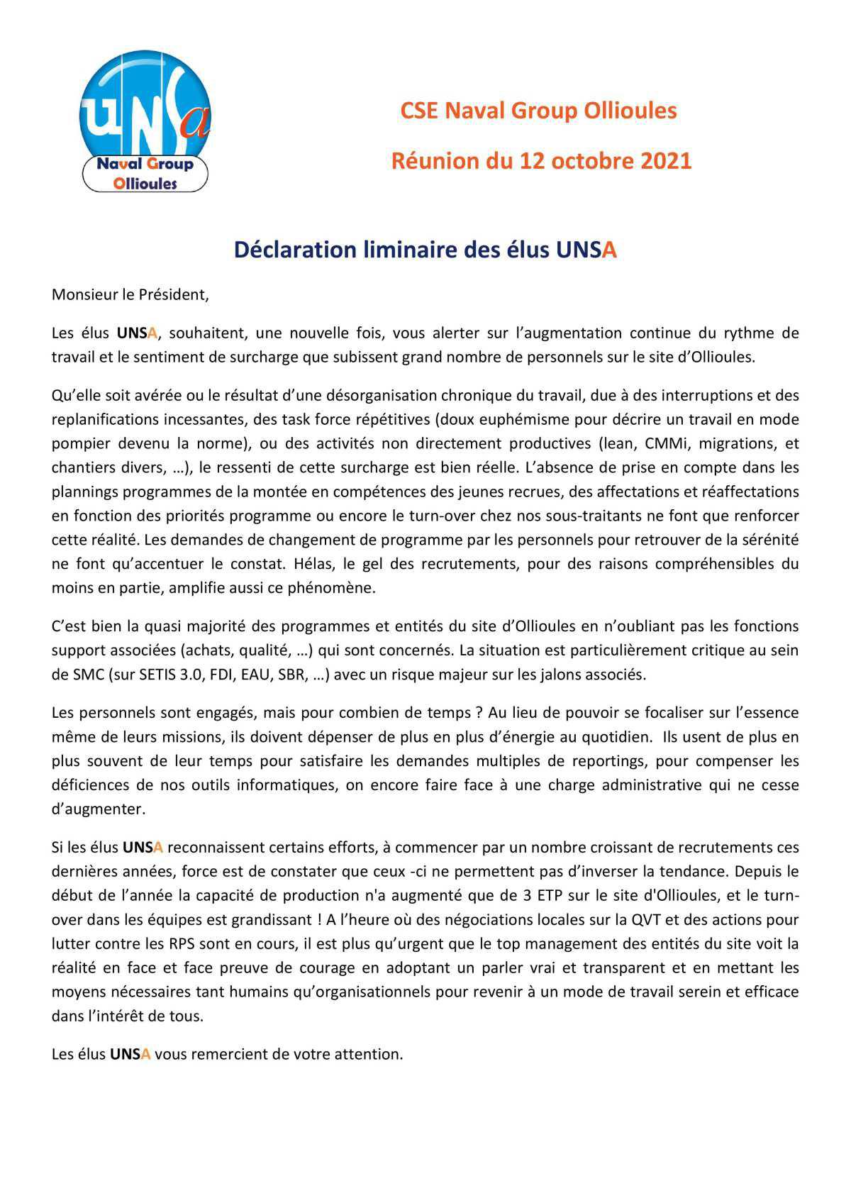CSE d'Ollioules - réunion du 12 octobre 2021 : Déclaration Liminaire des élus UNSA