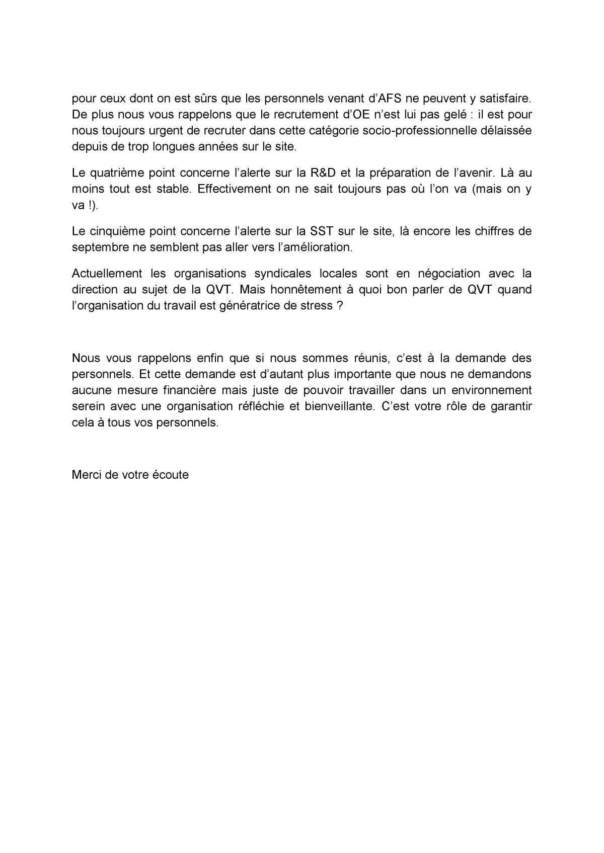 Visite de Laurent Espinasse - 6 octobre 2021 - Déclaration liminaire des OS