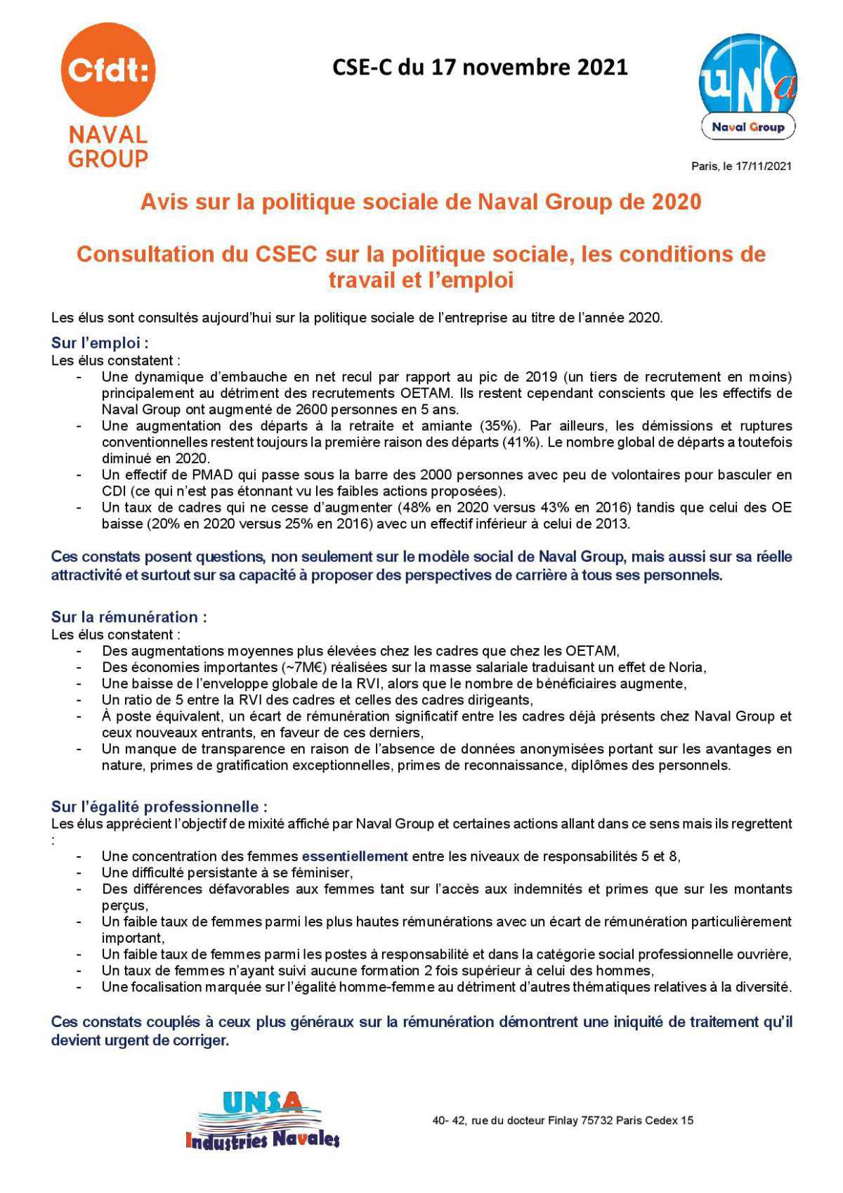 Réunion du 17 novembre 2021 - Avis majoritaire des élus UNSA & CFDT sur la politique sociale de l'entreprise