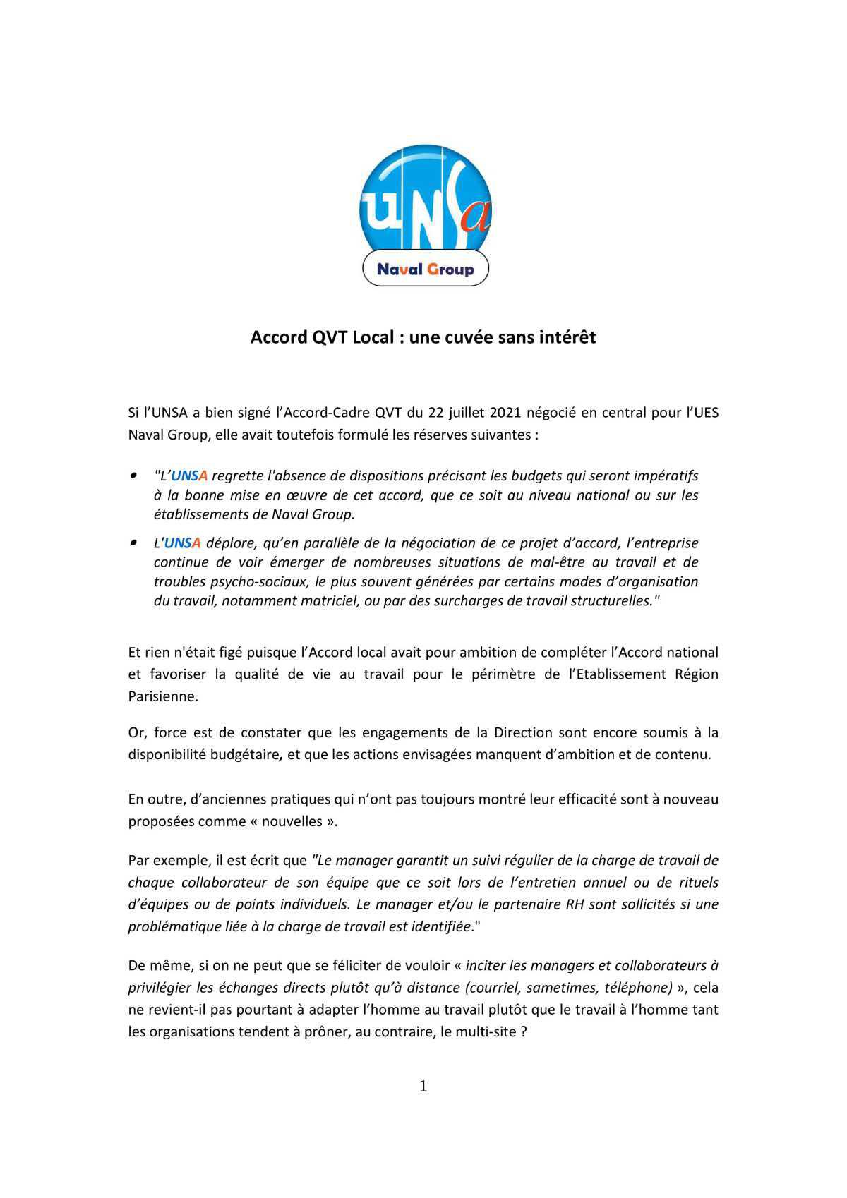 L'UNSA Région Parisienne ne signe pas l'accord QVT local !