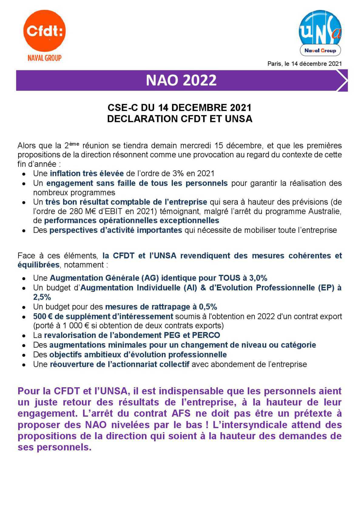 Réunion du 14 décembre 2021 - Déclaration liminaire intersyndicale CFDT/UNSA