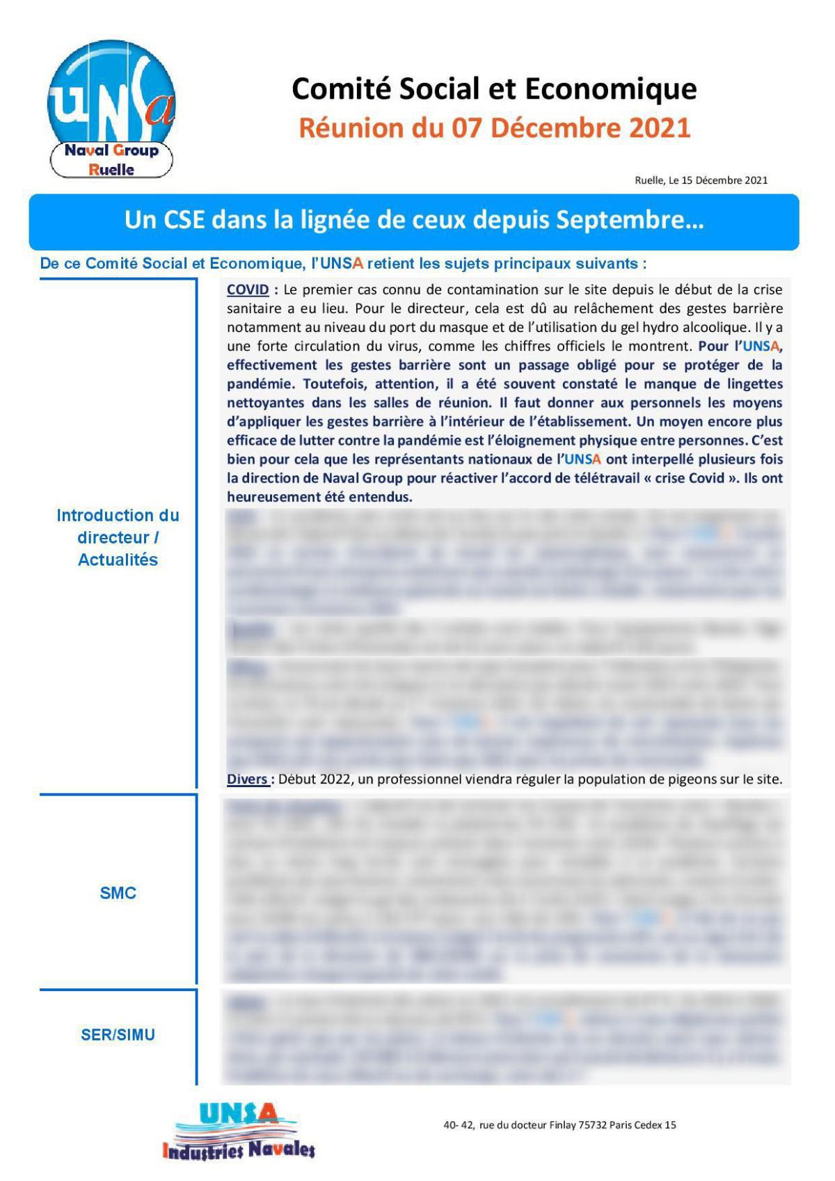 CSE de Ruelle - réunion du 7 décembre 2021 : compte rendu CSE de Ruelle - réunion du 7 décembre 2021 : compte rendu