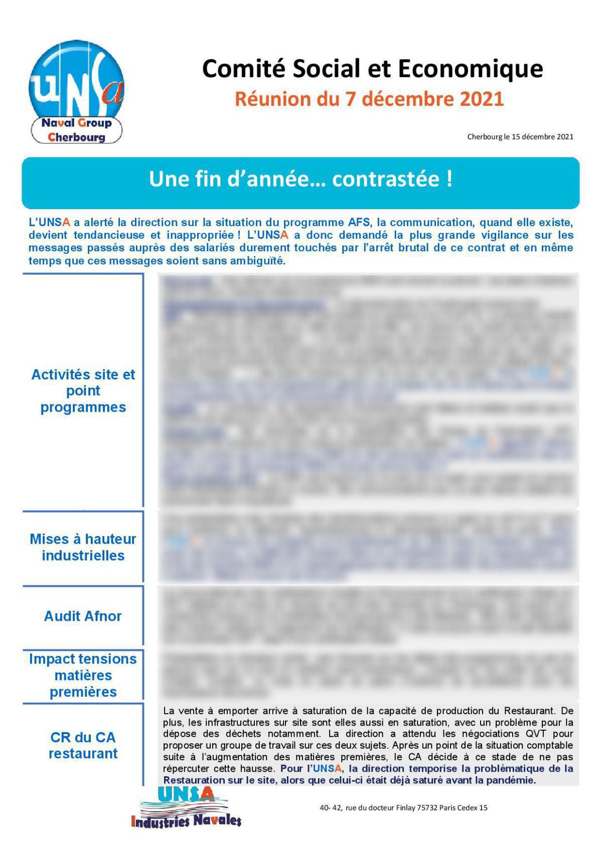 CSE de Cherbourg - Réunion du 7 décembre 2021 - compte-rendu CSE de Cherbourg - Réunion du 7 décembre 2021 - compte-rendu