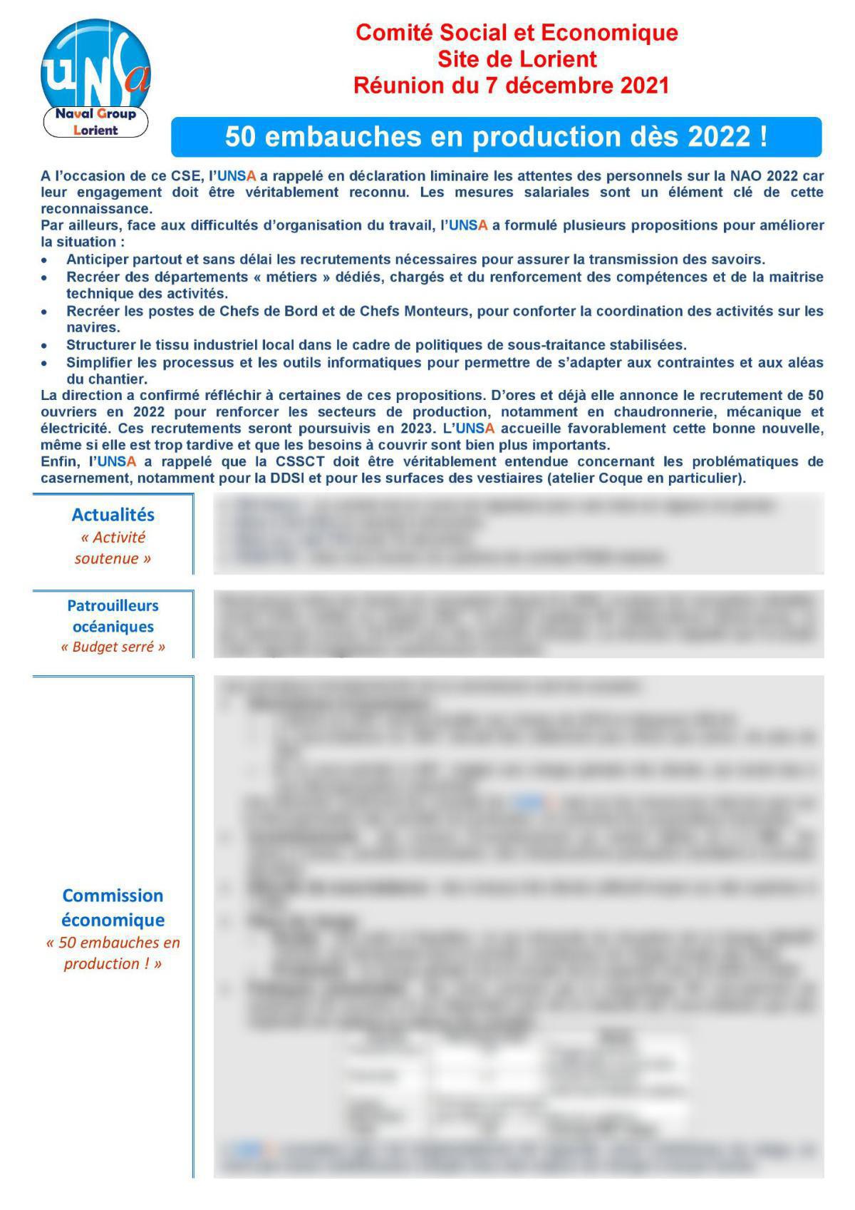 CSE de Lorient - réunion du 7 décembre 2021 - Compte rendu CSE de Lorient - réunion du 7 décembre 2021 - Compte rendu