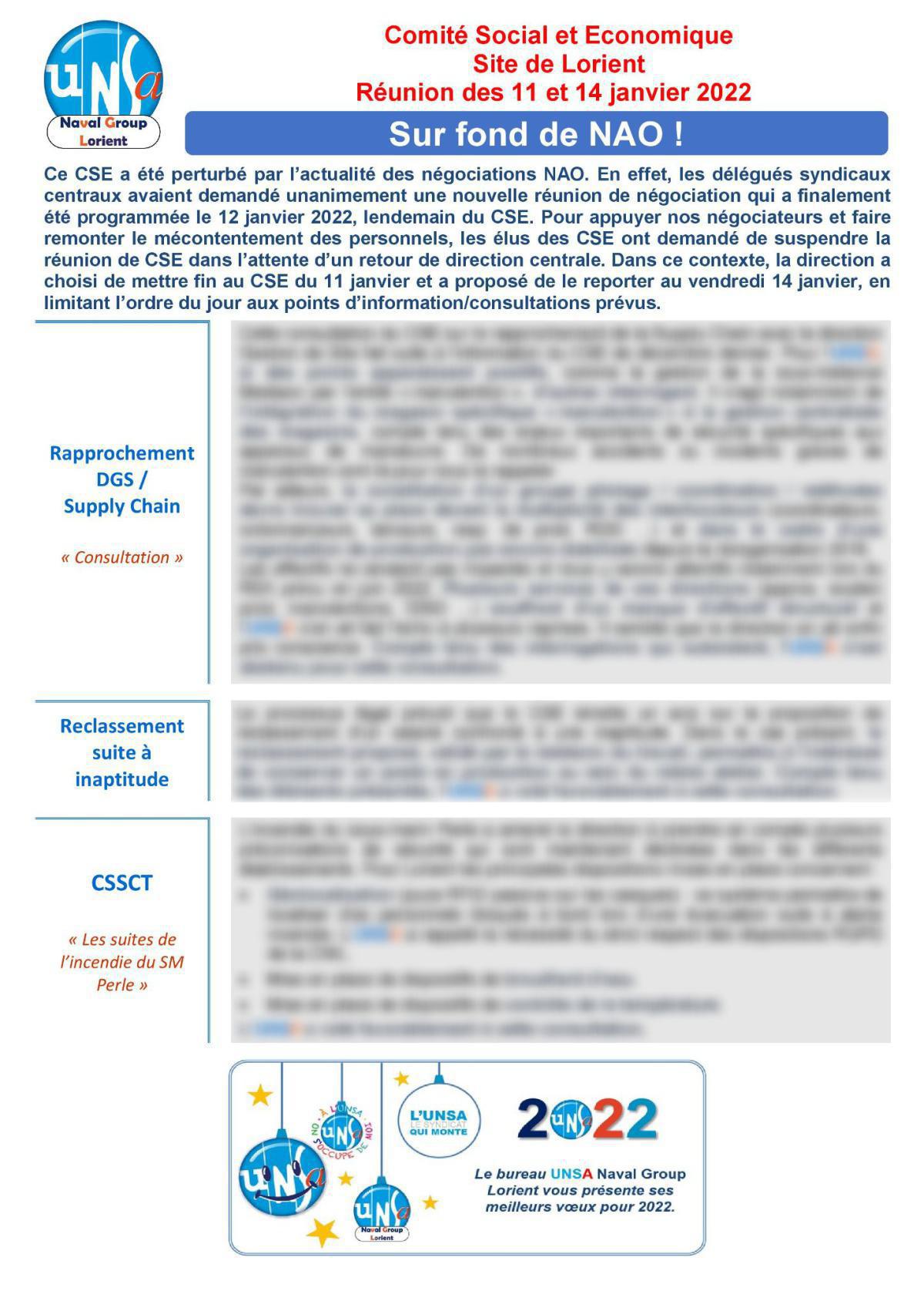 CSE de Lorient - Réunion des 11 et 14 janvier 2022 - Compte rendu CSE de Lorient - Réunion des 11 et 14 janvier 2022 - Compte rendu