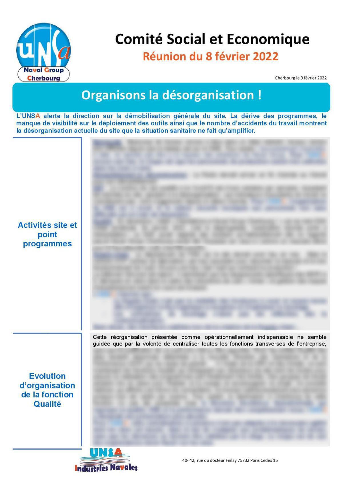 CSE de Cherbourg - Réunion du 8 février 2022 - Compte rendu CSE de Cherbourg - Réunion du 8 février 2022 - Compte rendu