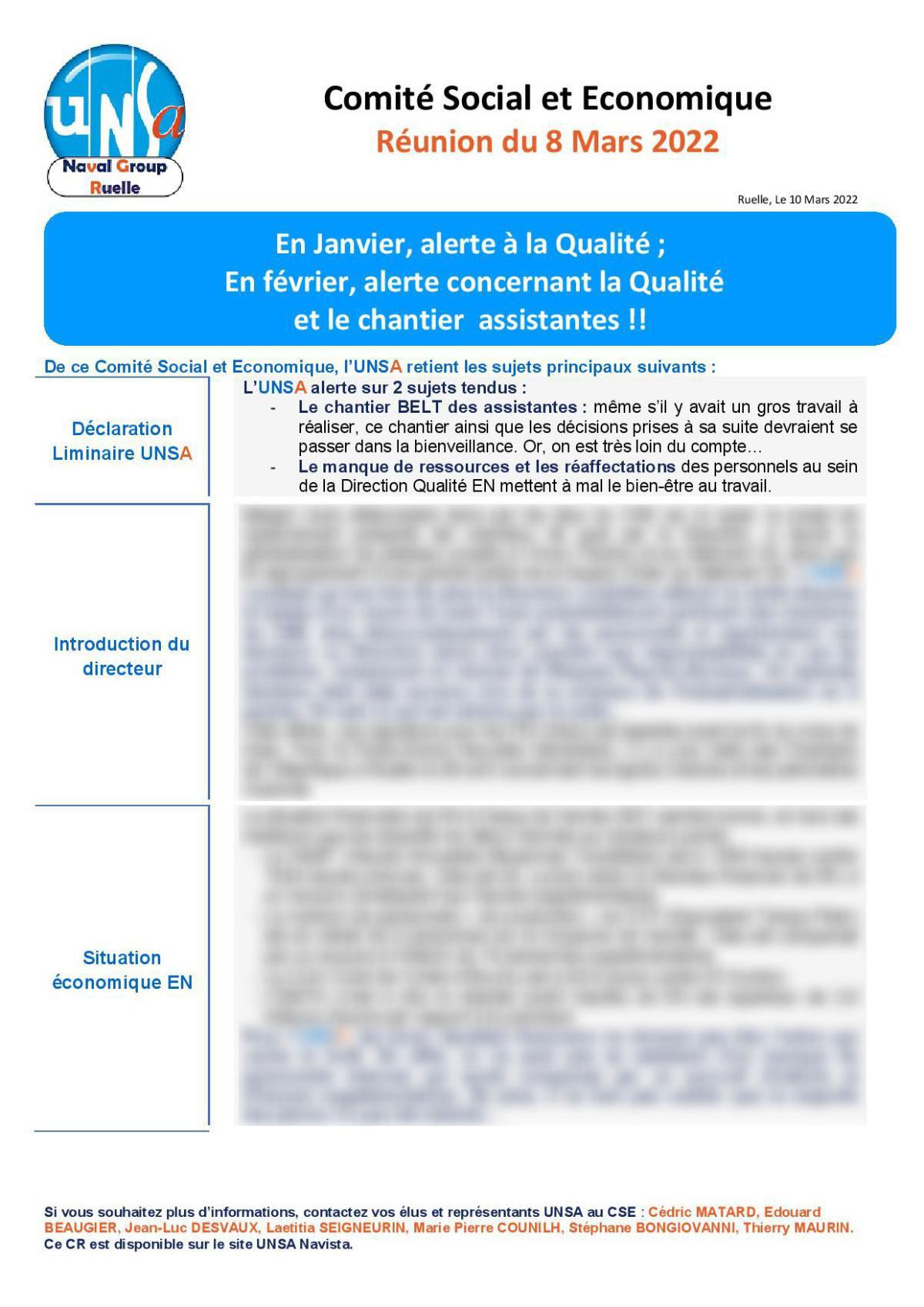CSE de Ruelle - réunion du 8 mars 2022 - compte-rendu
