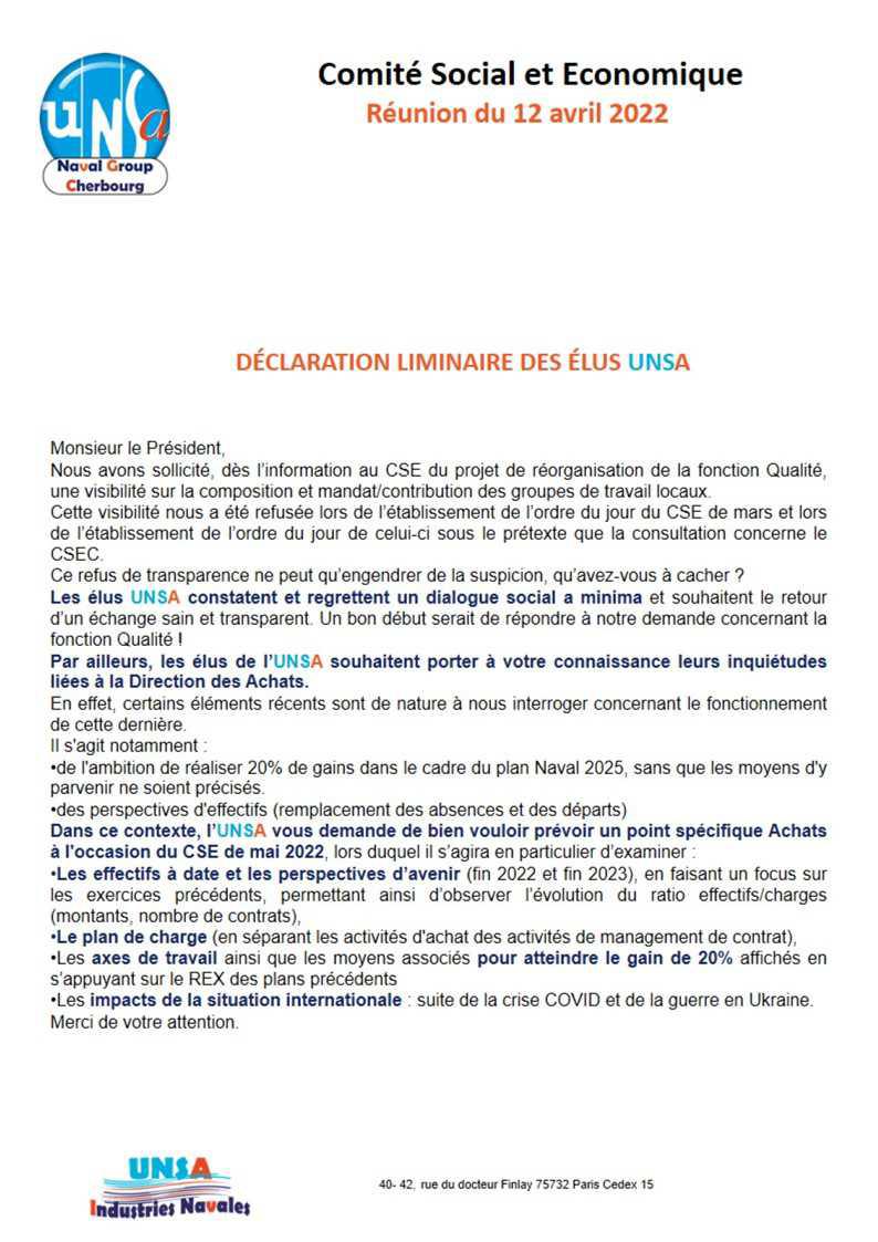 CSE de Cherbourg - Réunion du 12 avril 2022 - Déclaration Liminaire