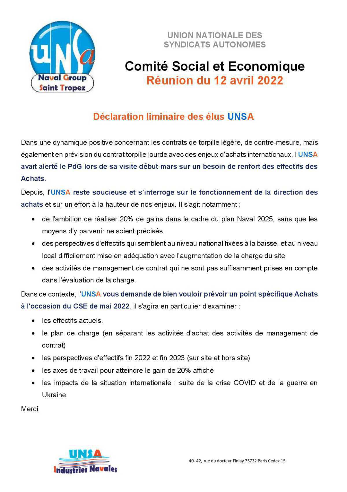 CSE de Saint Tropez - Réunion du 12 avril 2022 - Déclaration Liminaire CSE de Saint Tropez - Réunion du 12 avril 2022 - Déclaration Liminaire
