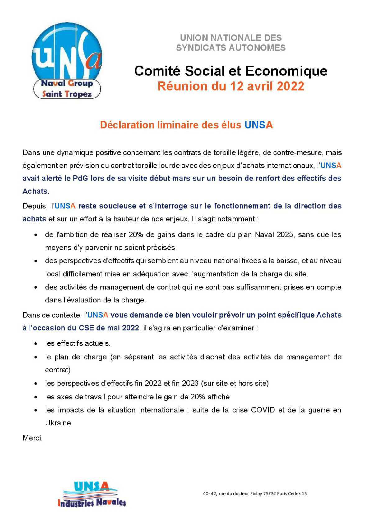 CSE de Saint Tropez - Réunion du 12 avril 2022 - Déclaration Liminaire