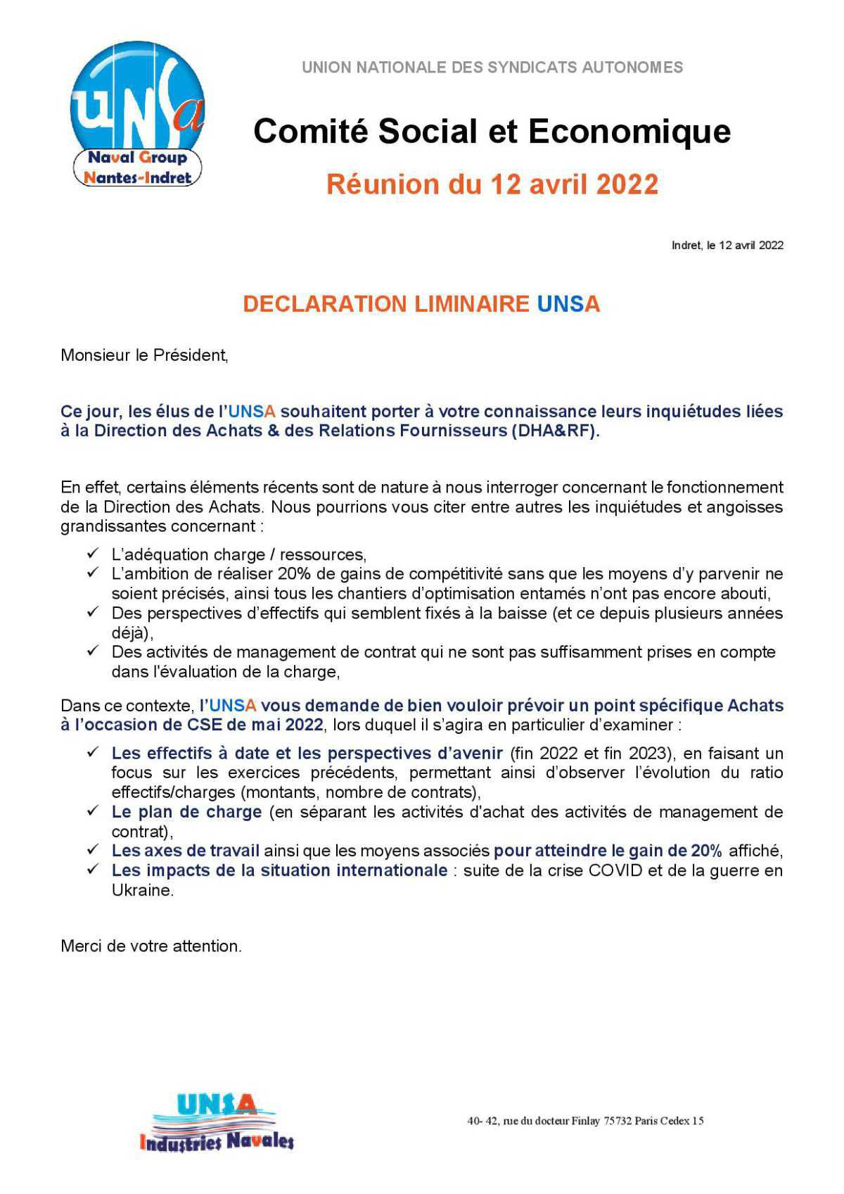 CSE d'Indret - Réunion du 12 avril 2022 - Déclaration Liminaire