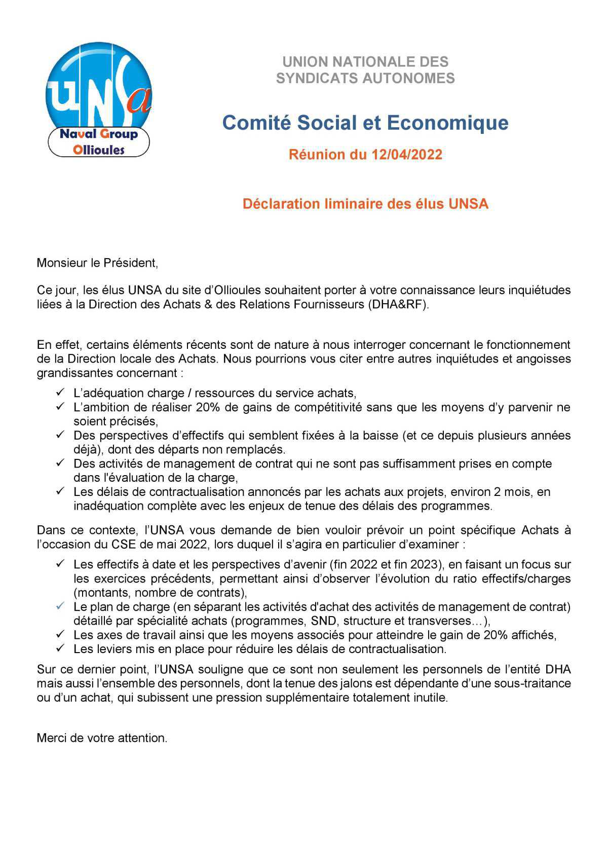 CSE d'Ollioules - réunion du 12 avril 2022 : Déclaration Liminaire des élus UNSA