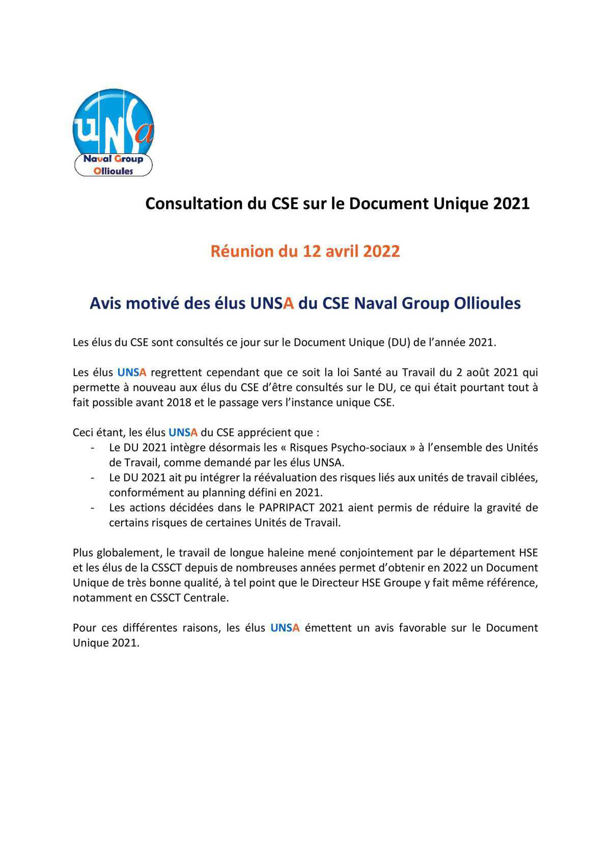 CSE d'Ollioules - réunion du 12 avril 2022 : consultation sur les sujets SST - avis des élus UNSA