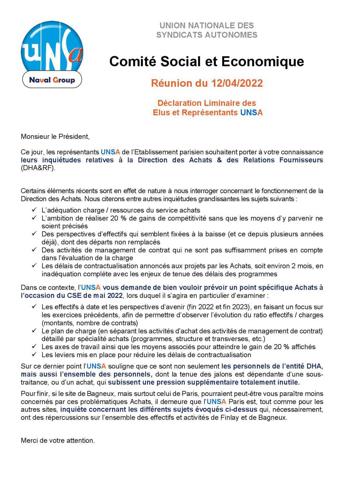 CSE de Paris - Réunion du 12 avril 2022 - Déclaration Liminaire