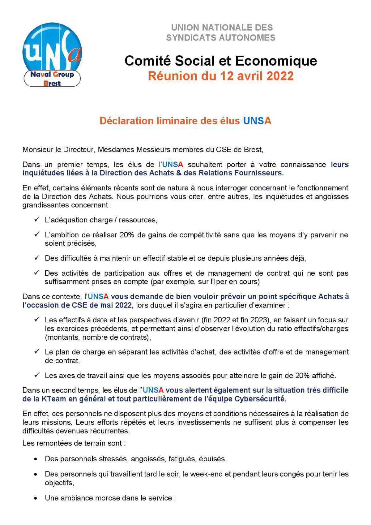 CSE de Brest - Réunion du 12 avril 2022 - Déclaration Liminaire