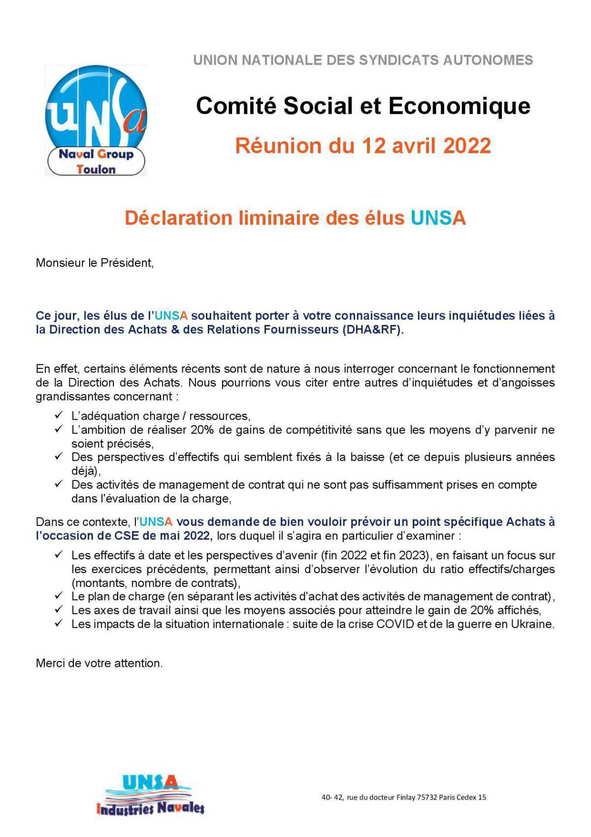 CSE de Toulon - Réunion du 12 avril 2022 - Déclaration Liminaire