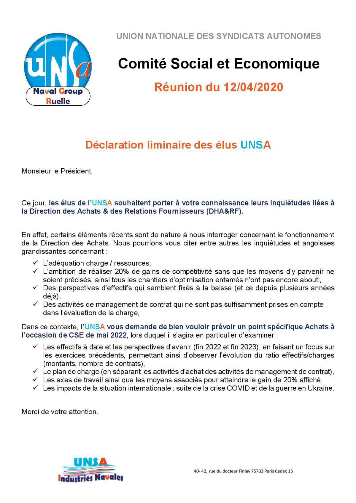 CSE de Ruelle - Réunion du 12 avril 2022 - Déclaration Liminaire