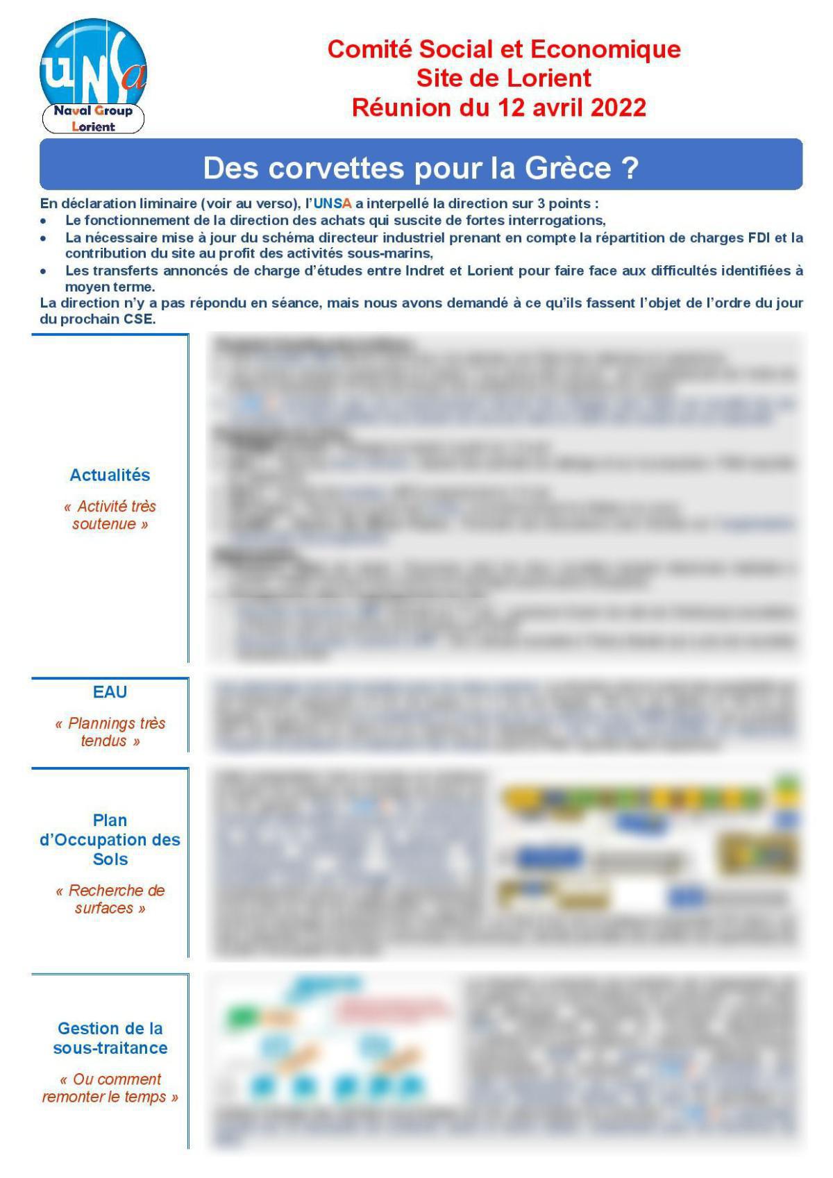 CSE de Lorient - Réunion du 12 avril - Compte rendu CSE de Lorient - Réunion du 12 avril - Compte rendu