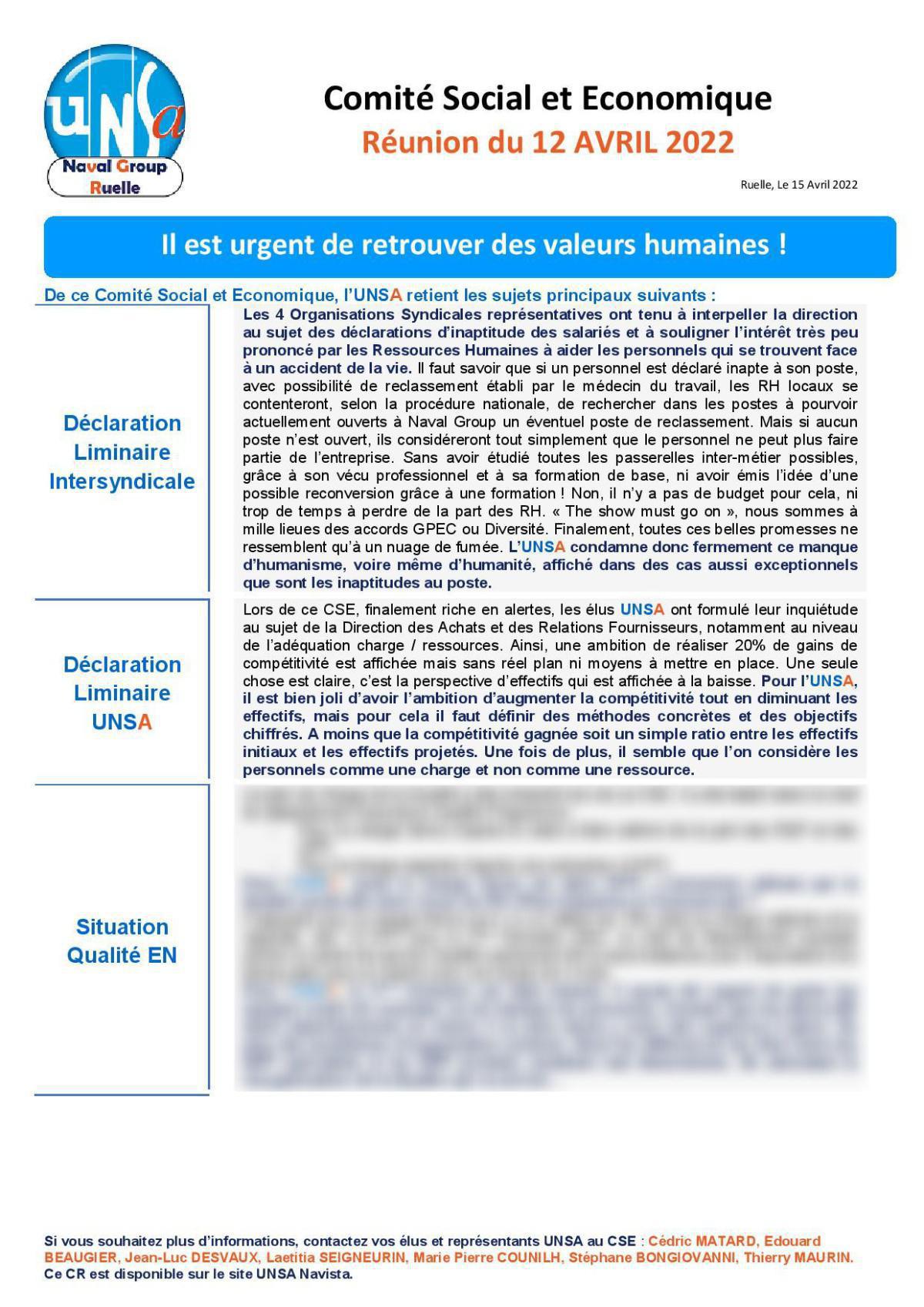 CSE de Ruelle - Réunion du 12 avril - Compte rendu CSE de Ruelle - Réunion du 12 avril - Compte rendu