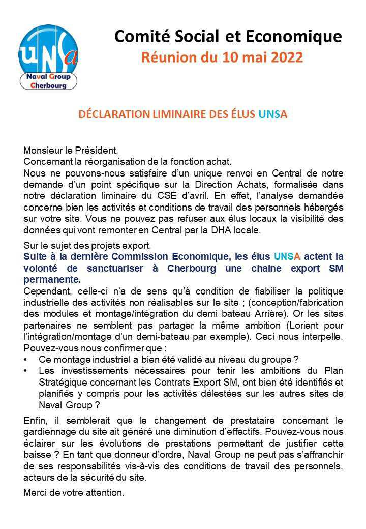 CSE de Cherbourg - Réunion du 10 mai 2022 - Déclaration Liminaire